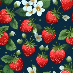 Seamless pattern with strawberries and flowers on dark blue background