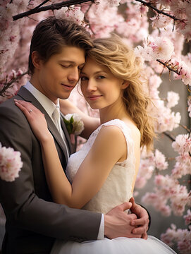 Happy Bride and Groom, young couple portrait in a park with a Sakura Cherry trees in bloom. Concept of marriage, love and wedding day. Shallow field of view.