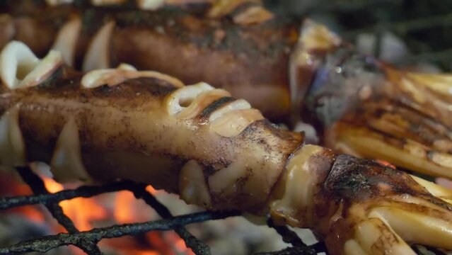 thailand night market street food booth grilled squid on hot charcoal juicy