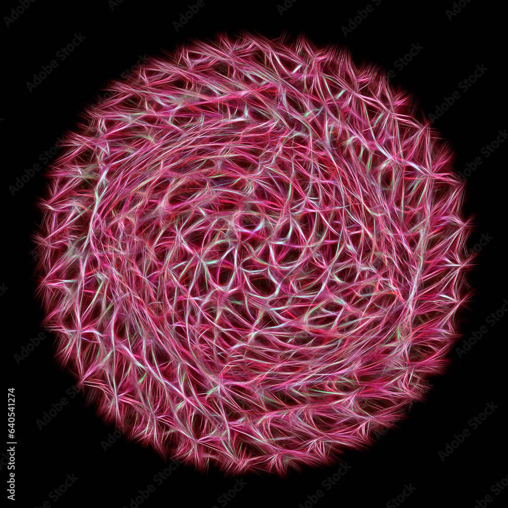 Poster glowing red and pink connected lined circular design on a black background in square format