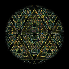 twin gold triangle pattern and circular design on a black background