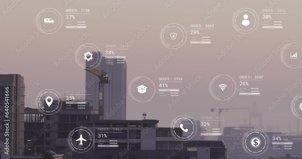 Poster animation of icons with data processing over cityscape