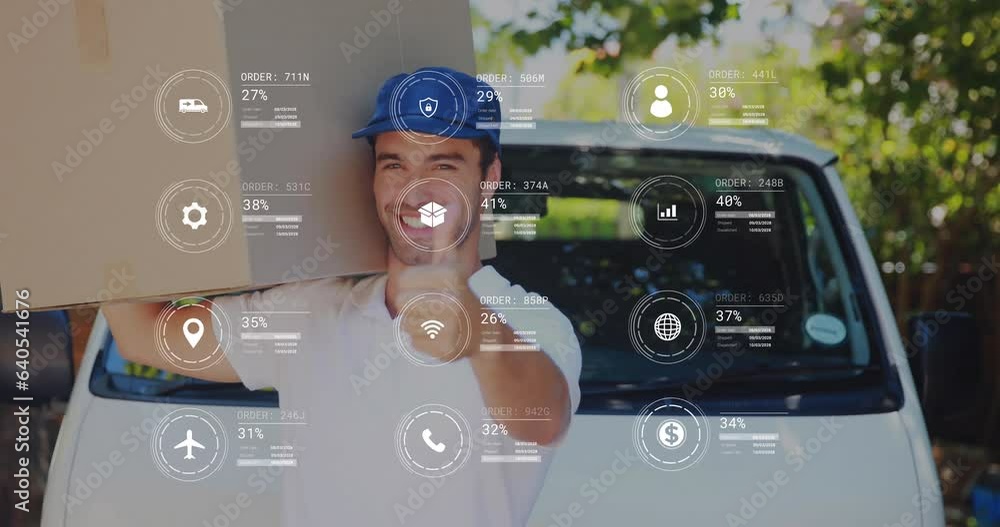 Aufkleber animation of icons with data processing over caucasian delivery man holding box