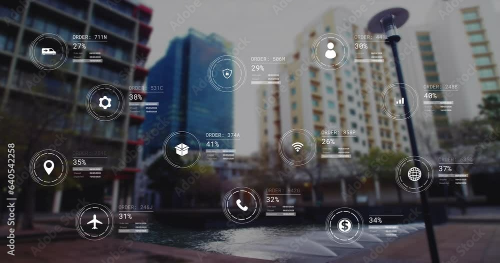 Poster animation of icons with data processing over cityscape