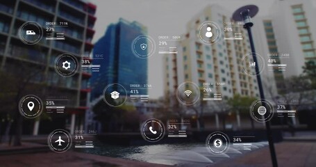 Animation of icons with data processing over cityscape - Powered by Adobe