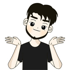 beard man is raising hands , black shirt man shows two hands.