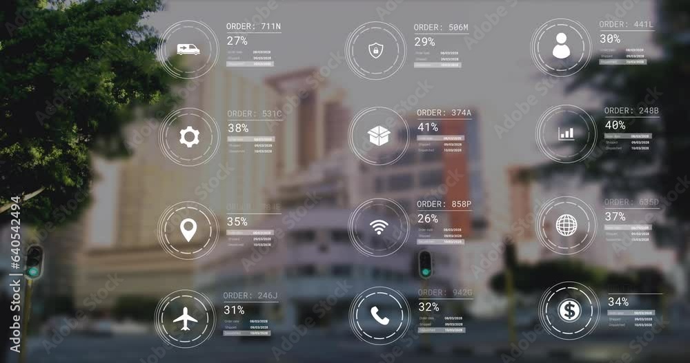 Poster animation of icons with data processing over cityscape