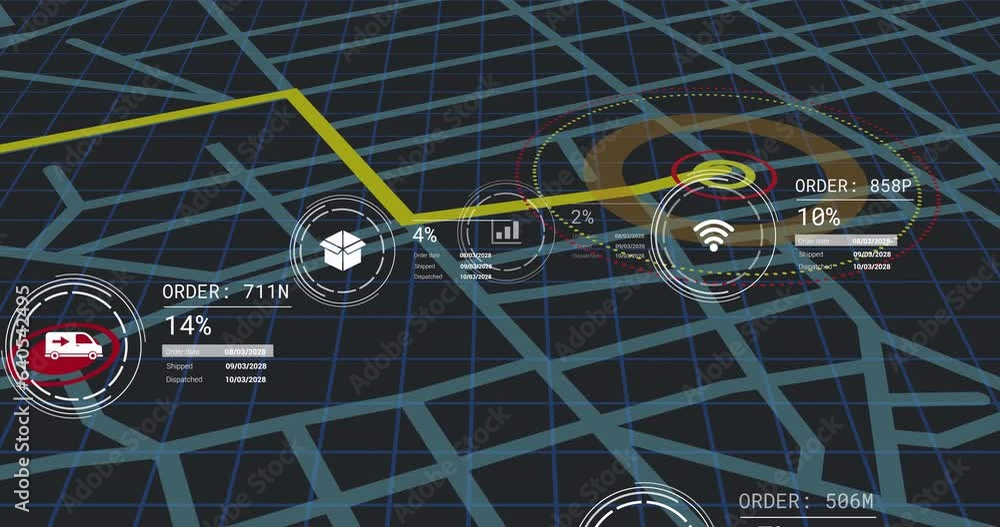 Poster animation of icons with data processing over city map