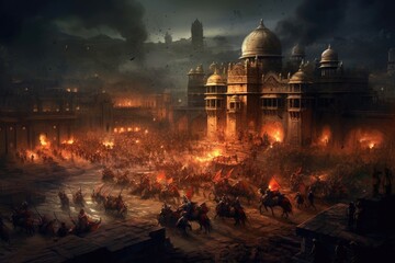 Obraz premium Storming of medieval castle fortress siege of city chaos 