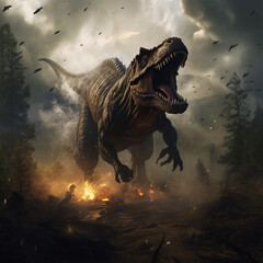 Dinosaur (T-Rex)
Tyrannosaurus running and hunting in the woods. Created by AI