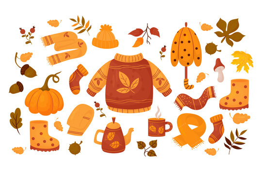 Cozy autumn collection. Knitted clothes sweater, scarf, hat, socks, umbrella, teapot with cup, mushrooms, acorns, pumpkin and rubber boots with fall leaves. Vector isolated colored cartoon drawing.