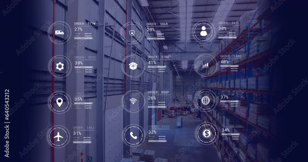 Poster animation of icons with data processing over warehouse