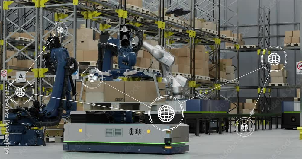 Poster animation of network of conncetions with icons over robotic arms with boxes in warehouse