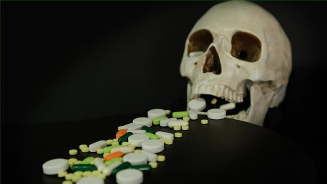 Skull in coffin and pile of pills on dark background, symbolizing the deadly consequences of substance abuse. Road to death from pills from medical drugs.