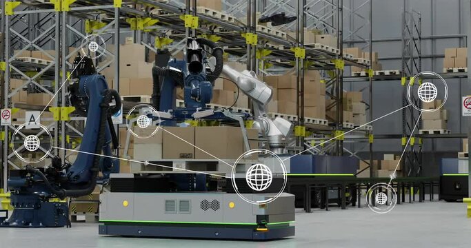Animation of network of conncetions with icons over robotic arms with boxes in warehouse