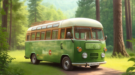 A mini bus on a summer with forest background by Generative AI - obrazy, fototapety, plakaty