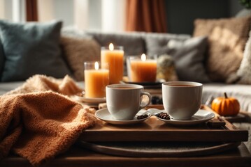 Fototapeta na wymiar Cozy autumn composition with cup of hot drink on wooden tray. Cozy home interior