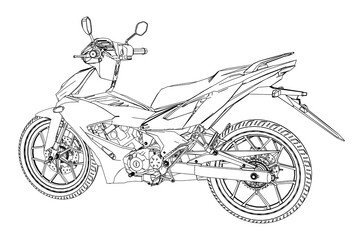 Fototapeta na wymiar modern underbone motorcycle line art illustration on transparent background. 2d technical drawing style.. Back view 
