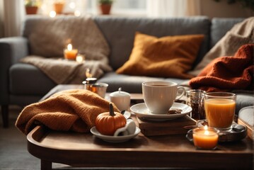 Cozy autumn composition with cup of hot drink on wooden tray. Cozy home interior