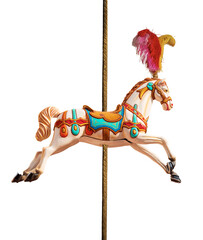 Close-up of a plastic horse of a carousel horses or merry-go-round (supported by a pole and with feathers on the head), isolated on white or transparent background. Italy, Europe. Png. - obrazy, fototapety, plakaty