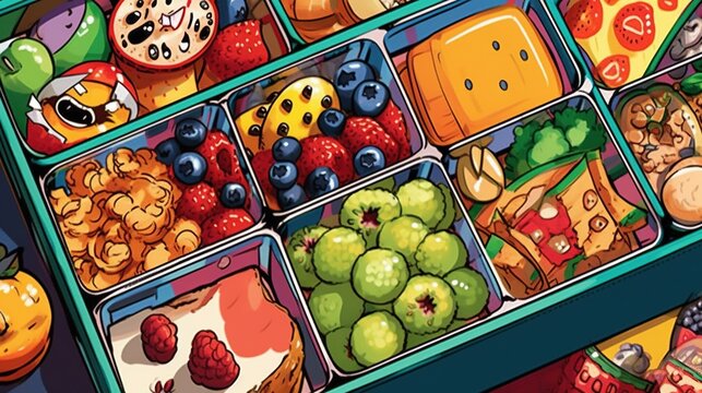 Healthy lunchbox ideas for kids. Fantasy concept , Illustration painting.