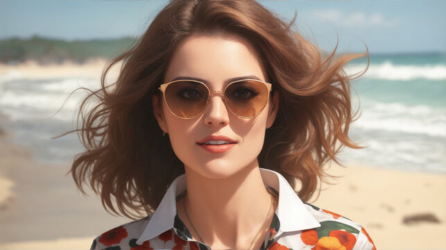 Realistic photo of a woman wearing sun glasses on the beach and wearing full shirt by Generative AI