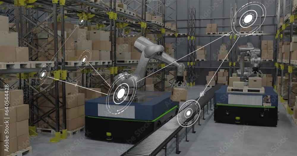 Poster animation of network of conncetions with icons over robotic arms with boxes in warehouse