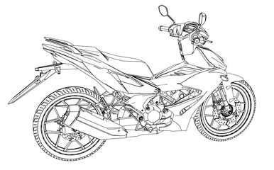 modern underbone motorcycle line art illustration on transparent background. 2d technical drawing style. back view, side view.