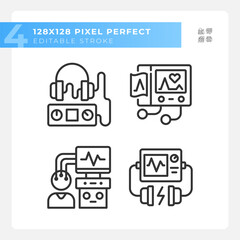 Healthcare equipment pixel perfect linear icons set. Hospital machines. Medical occupation. Patient care. Customizable thin line symbols. Isolated vector outline illustrations. Editable stroke