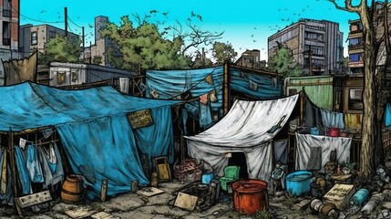 Homelessness and housing crisis. Fantasy concept , Illustration painting. - obrazy, fototapety, plakaty
