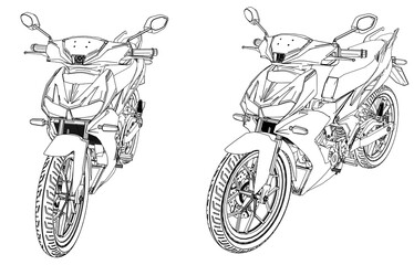 Fototapeta na wymiar modern underbone motorcycle line art illustration on transparent background. 2d technical drawing style. Side view.
