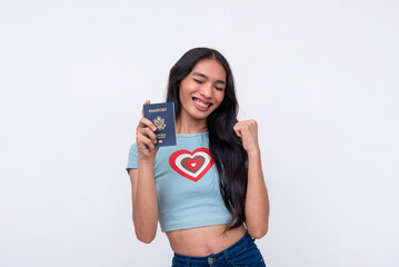 A happy and excited asian trans woman celebrating after receiving her American passport. Isolated...