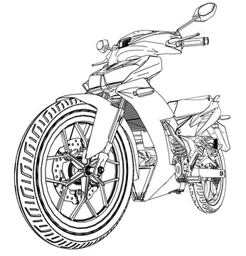 modern underbone motorcycle line art illustration on transparent background. 2d technical drawing style. Low angle.
