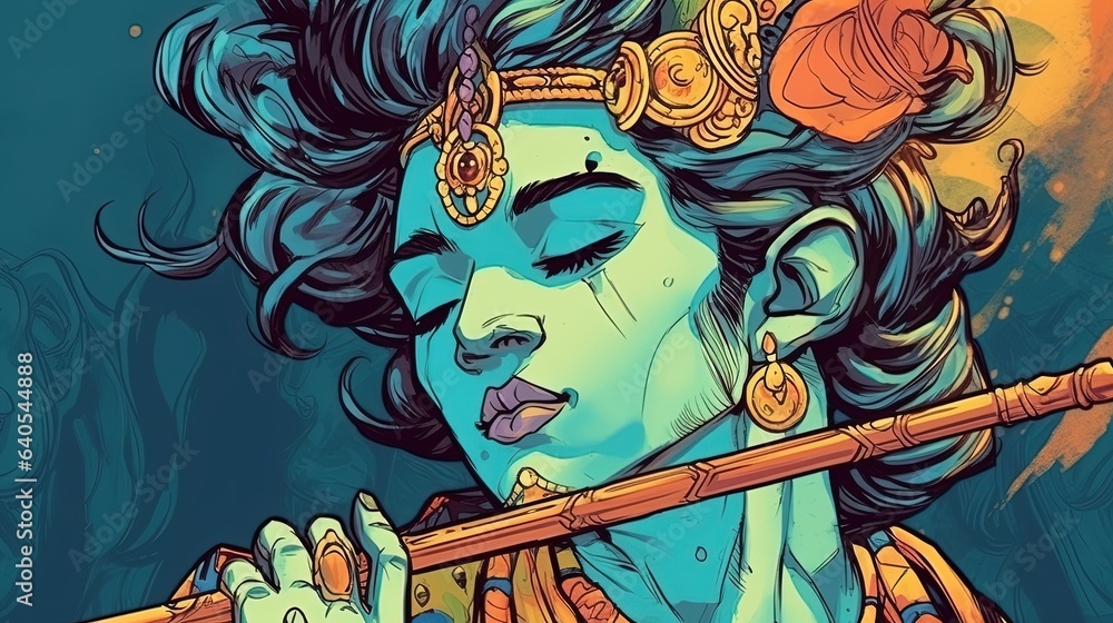 Wall mural Hindu deity Krishna playing flute. Fantasy concept , Illustration painting.