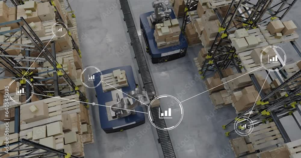 Poster animation of network of conncetions with icons over robotic arms with boxes warehouse