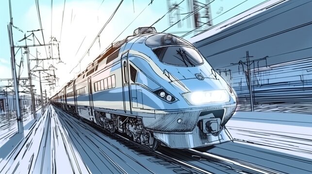 High-speed train passing through a city. Fantasy concept , Illustration painting.