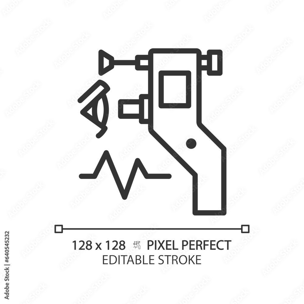 Poster eye tonometer pixel perfect linear icon. ocular tonometry. optical store. vision test. glaucoma trea
