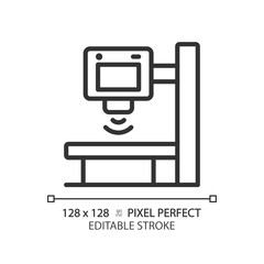 X ray machine pixel perfect linear icon. Physical examination. Diagnostic imaging. Radiology scan. Check up. Thin line illustration. Contour symbol. Vector outline drawing. Editable stroke