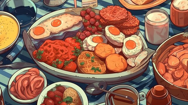 Hearty American breakfast spread. Fantasy concept , Illustration painting.
