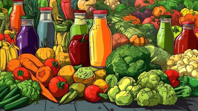 Healthy vegetable juices. Fantasy concept , Illustration painting.