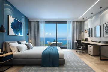 modern blue bedroom with double bed  generated by AI tool
