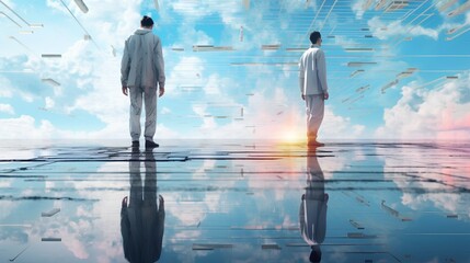 A man standing on a reflective water surface, his body transforming into a surreal metaverse. The intersection of reality and virtual reality, symbolizing the digital transformation. Generative AI