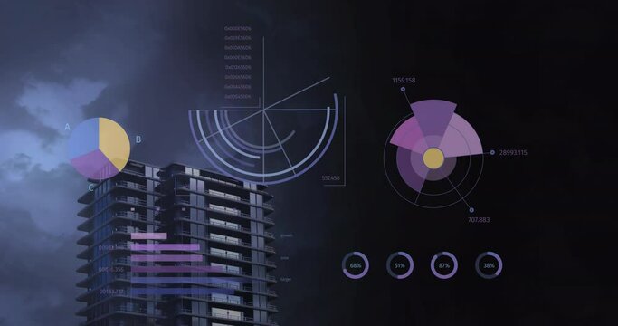 Animation of data processing with scope scanning over building and storm