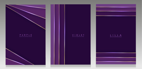 Luxury purple cover collection. Geometric design with golden glowing lines. Elegant vector template for invitation, cover magazine, flyer, product packaging.