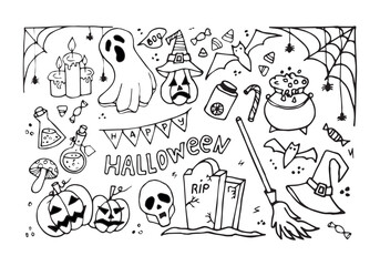 Big set with Halloween elements on white background in doodle style. Vector illustration