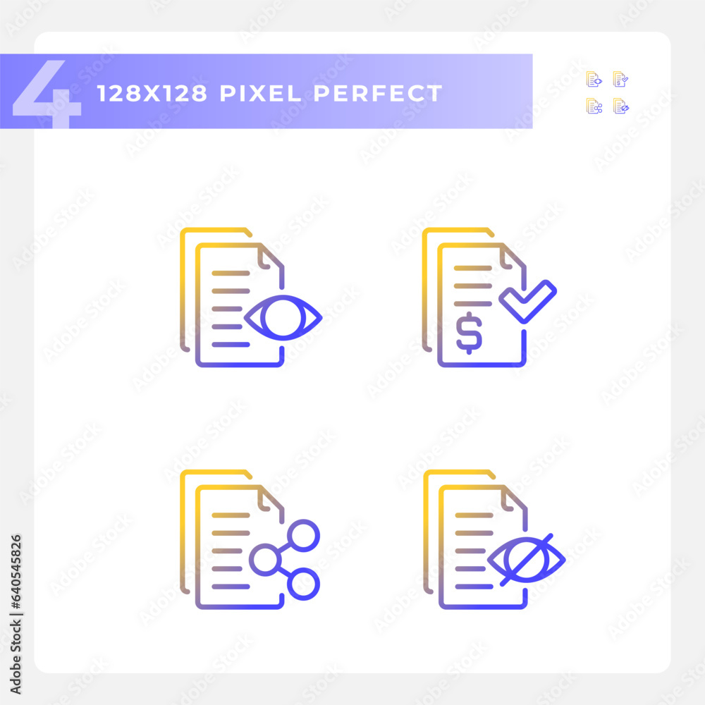 Poster 2D pixel perfect gradient icons set representing document, thin linear illustration.