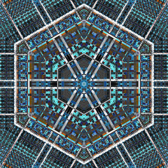 hexagonal pattern and design in shades of grey and blue in square format