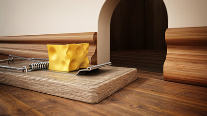 Mouse trap with a piece of cheese standing in front of the mouse hole. 3D illustration - obrazy, fototapety, plakaty