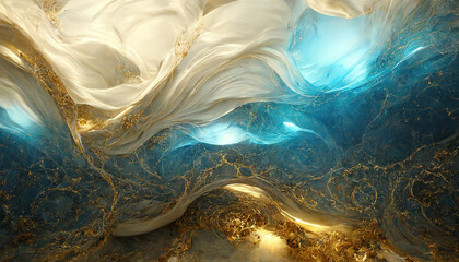 Blue and gold marble background. AI