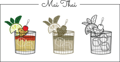 Alcohol drinks line art illustration. Vector illustration Mai Thai